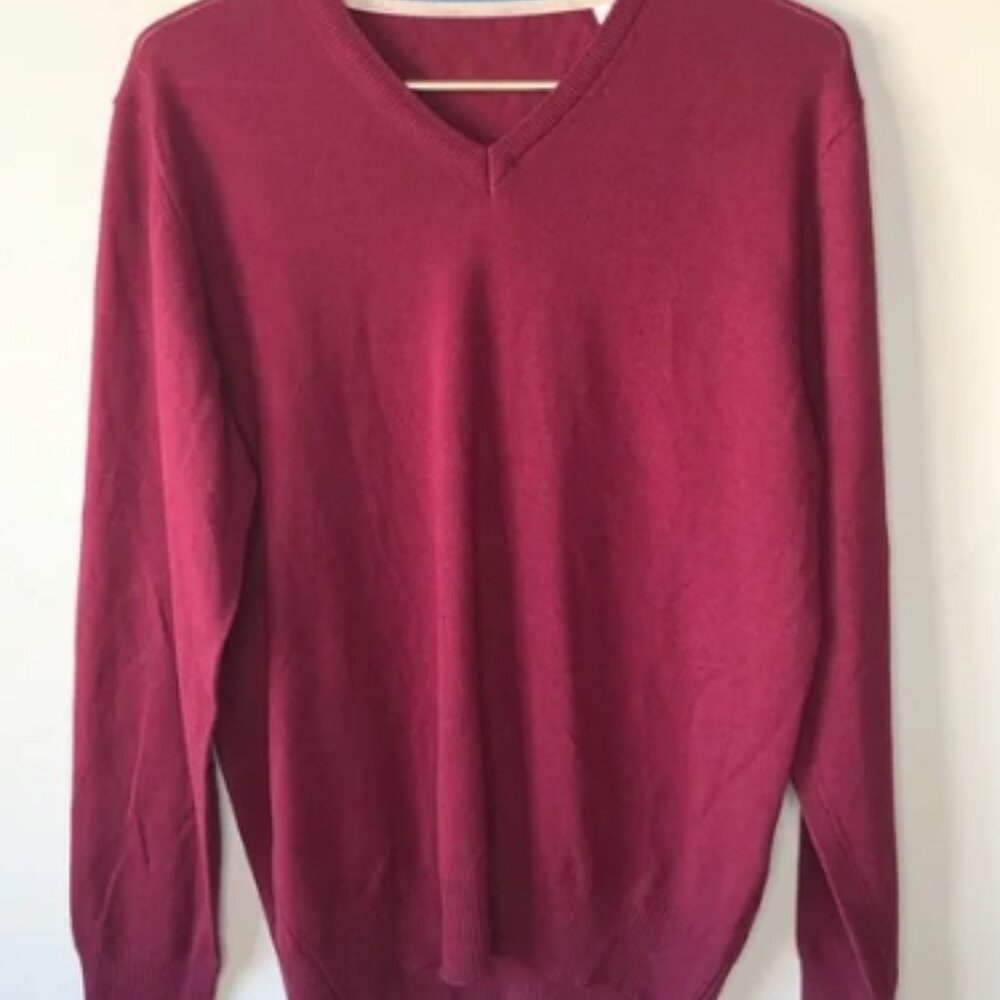 Zegna Baruffa Men's Italian Merino Wool Burgundy V-neck Elbow Patch Sweater L